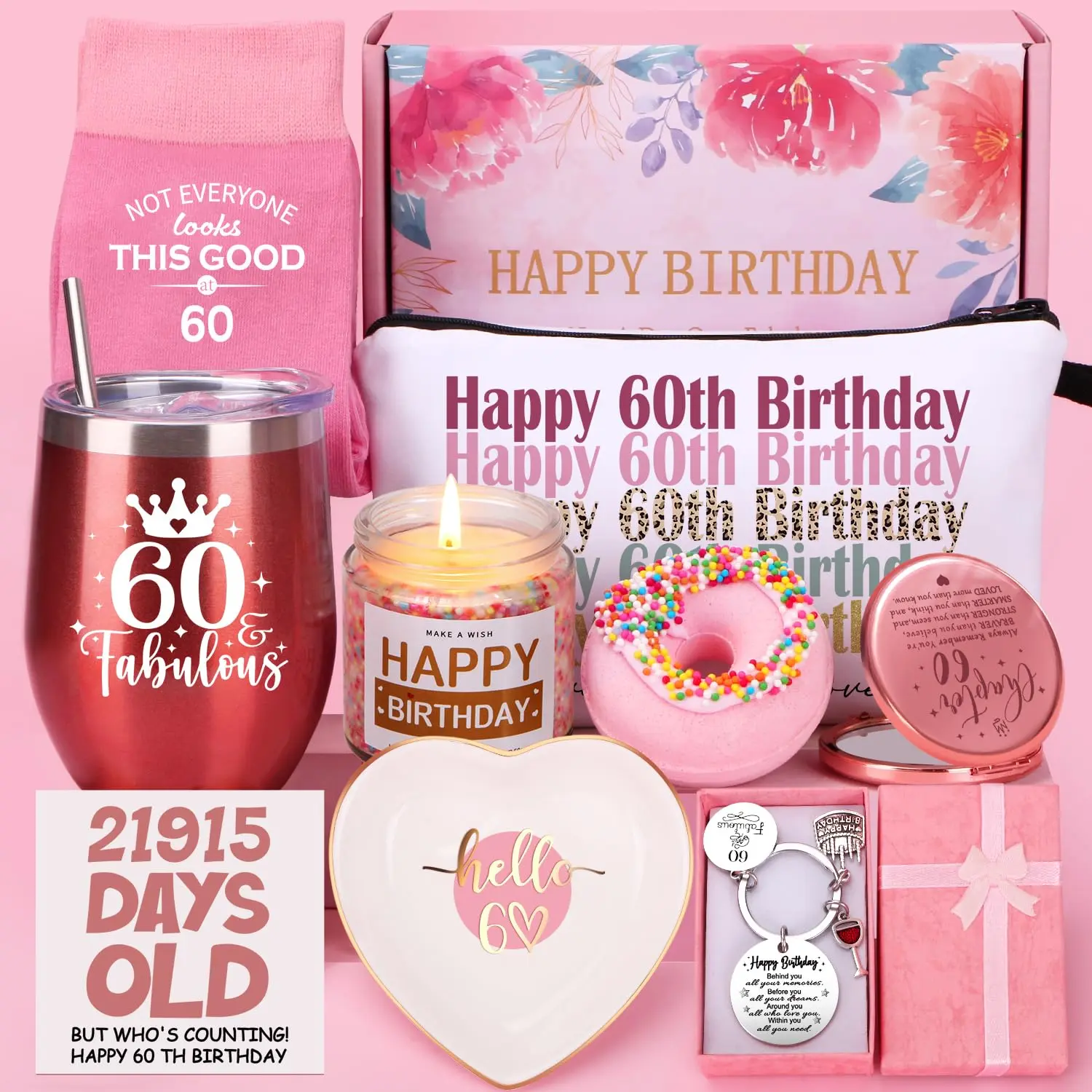 60th Birthday Celebratory Pamper Hamper - Personalized Pink Multiple-Items Gift for Mom (Unisex Festive Party Gift for 60-Year-Old Lady, Grandma, Best Friend, Sister)