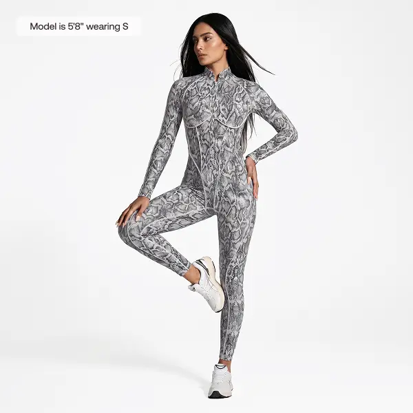 BetterMe Women's Silver Snake Print Closed-Back Catsuit - Contoured Second-Skin Polyester Blend Sculpting Full-Length Suit, Female Wear for Workouts Gym, Cold Machine Wash Basic Fit Jumpsuit & Overalls, True To Size