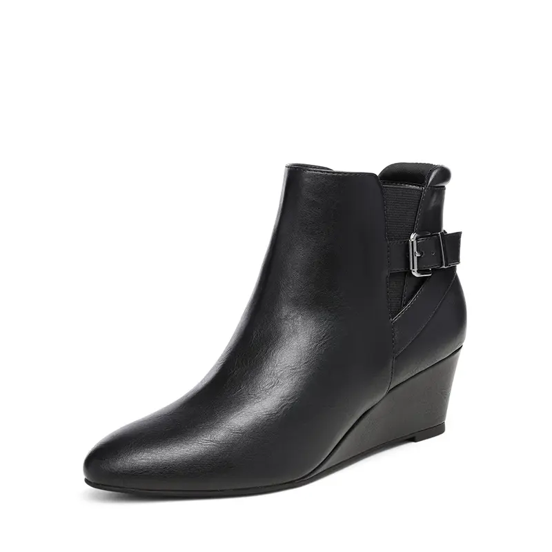 Dream Pairs Women's Pointed Toe Wedge Ankle Booties - Side Buckle, Padded PU Leather, All-Season Fashion Footwear, Wedge Heel, Rubber, Ankle Length, Side Buckle For Secure Fit, Pu Or Suede Upper Suits Your Mood