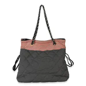 Pre-owned CHANEL Denim Tote Bags Navy Red Quilted Grosgrain Striped Bon Bon Tote NY155464