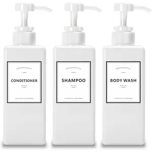 16.9oz Set of 3 Refillable White Shower Dispensers with Labels for Shampoo, Conditioner and Body Wash