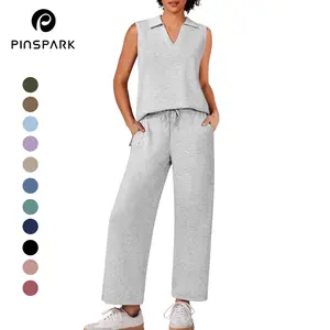 PINSPARK Two Piece Sets for Women Sleeveless Outfits Travel Tracksuit V Neck Top Wide Leg Pant Lounge Sets 2025 Summer sweatsuits  women  Springtok