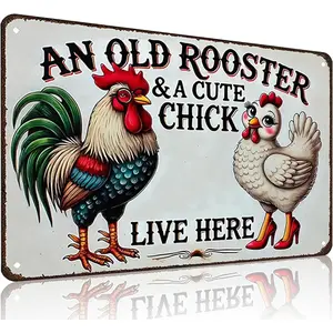 Smilelife Funny Gifts for Women Chicken Lovers Farm Enthusiasts An Old Rooster And A Cute Chick Live Here Chicken Tin Sign for Chicken Coop Farm Kitchen Garden Yard Decor 8 X 12 Inch (3821)