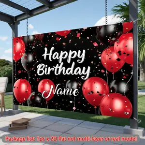 1PC,2D Flat Personalized Red Black Balloon Happy Birthday Backdrop, Custom Name Adult Kids Birthday Party Decor Banner, Outdoor Indoor Photo Background Wall Decoration Prop