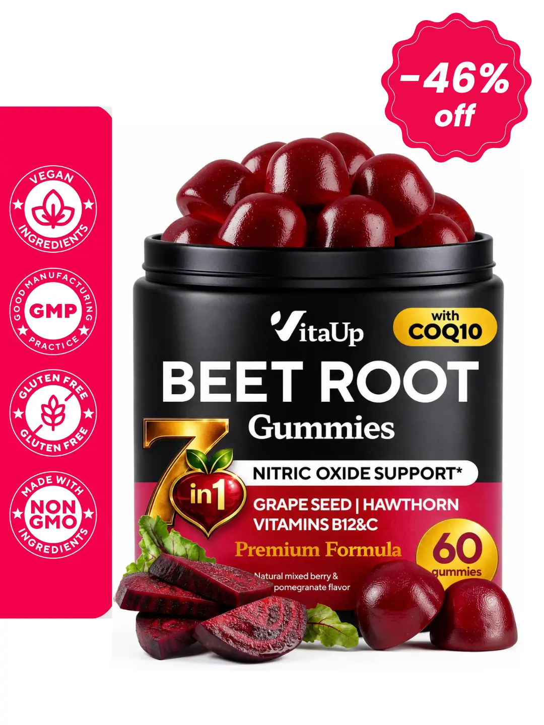 VitaUp Beet Root Gummies 7 in 1 - Nitric Oxide Gummies with Beet Root, Grape Seed, Coq10, Vitamin C & B12 for Heart & Energy Support – 60 Count