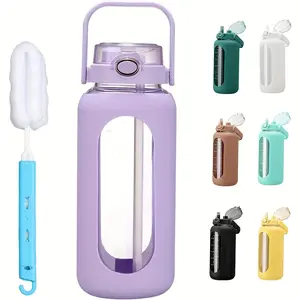1.8L Glass Water Bottle with Straw & Timer | Half Gallon Capacity Silicone Sleeve & Handle Cap | Gym/ Outdoor/ Camping/ Hiking/ Biking