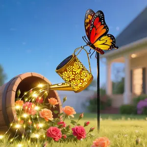 Solar Lights Outdoor Decorative, Watering Can with Cascading LED Lights on Butterfly Shepherd's Hook, Solar Garden Stake Decor for Yard, Mothers Day Gift for Women Mom