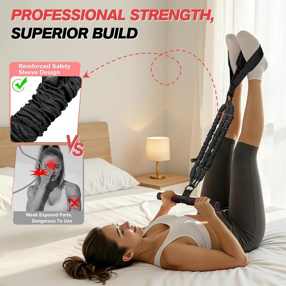 T-Handle Foot Pedal Pull Rope Set, black curved foot straps with multi-intensity elastic cords, portable pouch included, beginner training supplies, park basic sports indoor shared exercise auxiliary tools