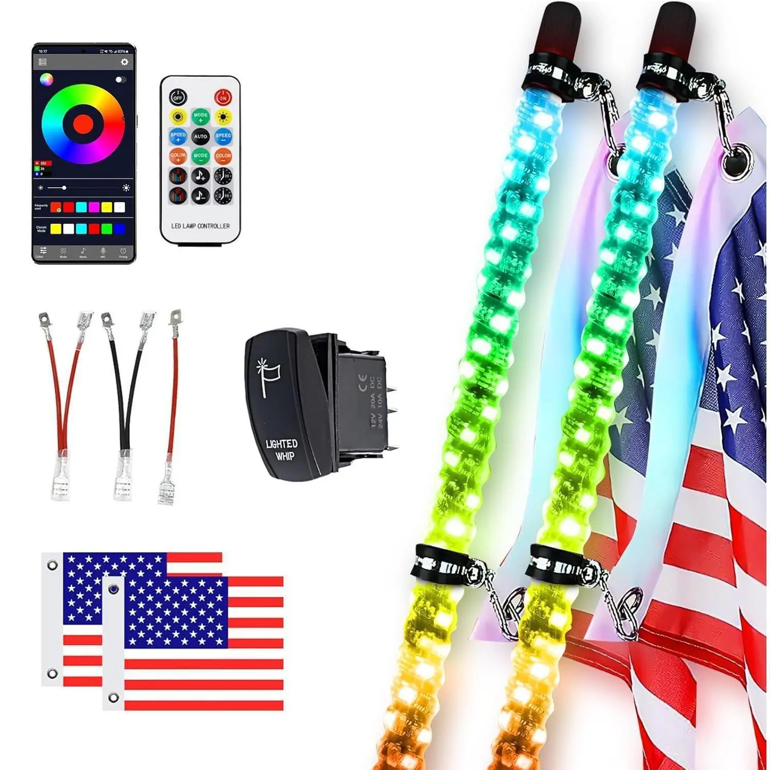 2FT Fat RGB LED Whip Light with Extra Stop Turn Reverse Light, Remote & App Control, DIY Chasing Patterns, Safety Antenna Lighted Whips for ATV UTV Polaris RZR Can-am
