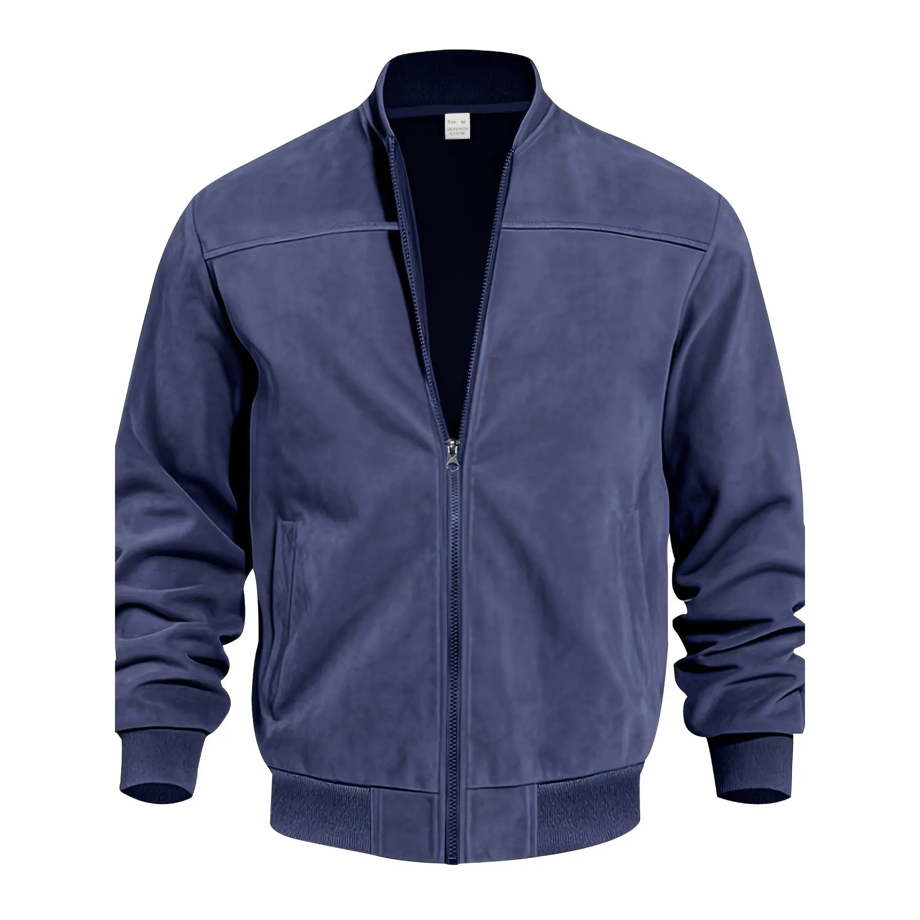 Navy Blue Stretchy Men's Bomber Jacket - Preppy Style, Baseball Collar, Plain, Regular Fit, No Lining, Zipper, Spring/Fall Outdoor Casual Outerwear, Menswear Tops