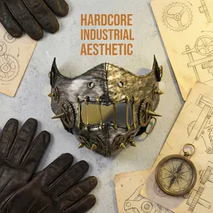 PU Leather Steampunk Half Face Mask, Gothic Gear Skull Demon Devil Punk Style, Breathable Wind Protector Motorcycle Mask, Innovative Scary Face Cover for Halloween Cosplay Party Carnival Costume Accessory, Set Metallic Heart-Shaped Birthday Balloon Kit