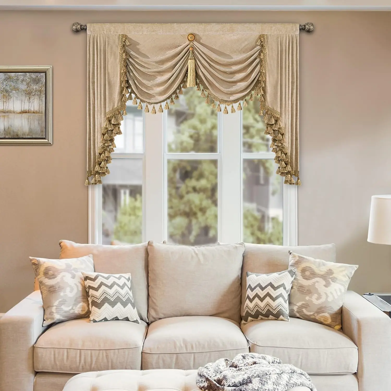 Loom and Mill Thick Chenille Waterfall Valance - Easy Install Heavy Curtain, Low Iron Wrinkle Resistant, Multi-Tassel & Pendant Swag, 59in 1-Panel Luxury Accent for Living Room Decor