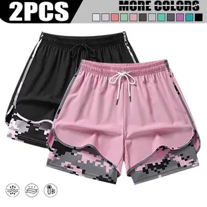 Set of 2 women’s casual athletic shorts featuring an elastic waistband; street-style sports shorts; lightweight, quick-drying double-layer summer shorts suitable for casual wear and outdoor activities.