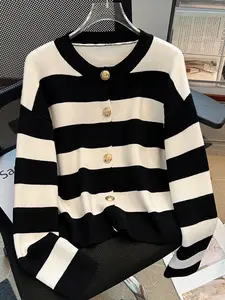 Spring Autumn Simple Striped Metal Buckle Round Neck Cardigan, Fashion Elegant Casual Versatile Knitwear Sweater Jacket, Fitted Style