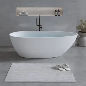 AK Exbrite 59'' Freestanding Solid Surface Resin Stone Bathtub,Free Standing Tub with Overflow and Pop-up Drain, Matte White