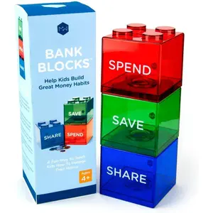 Save Spend Share Piggy Bank for Kids - Clear Transparent Plastic Coin Banks Boys &amp; Girls Teach Children About Giving Saving Money Block by