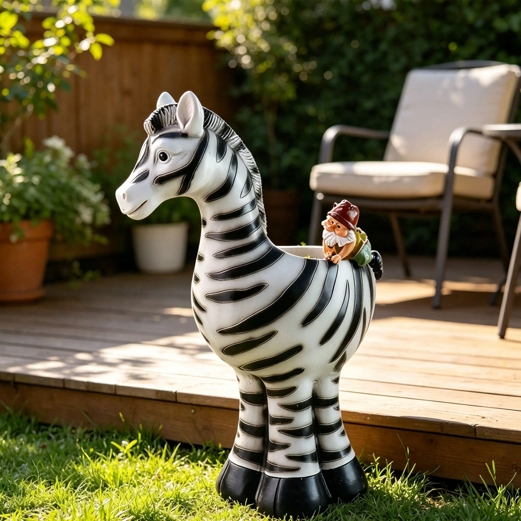 19" Resin Zebra Planter with Gnome - Cute Animal Flower Pot for Succulents & Garden Decor summer party