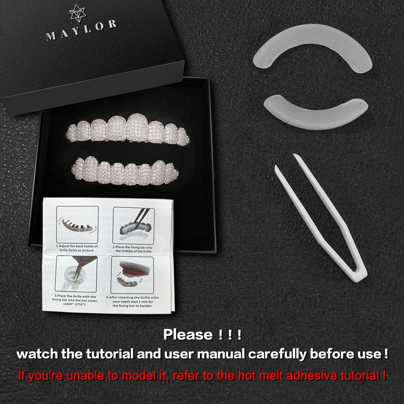 MAYLOR Hip Hop 2 pcs/set Valentine's Day gift Birthday gift Silver Cubic Zirconia Grillz -Designed to sit over your teeth, not custom-molded, 10 Teeth Adjustable Dental Braces, Mirror-Shine Teeth Jewelry for Rappers