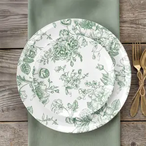 10-Pack French Toile Plastic Dessert Plates – Sage Green & White Floral, 7" Round Disposable Salad Plates