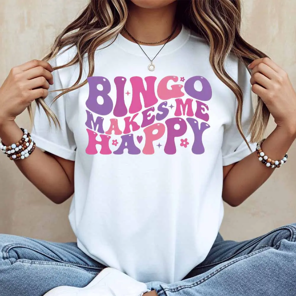 Bingo Makes Me Happy Print T Shirt Women Casual Short Sleeve Top Fashion Statement Tee