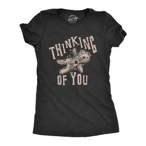Womens Thinking Of You T Shirt Funny Voodoo Doll Graphic Novelty Tee Funny Womens T Shirts Cute Vintage Fashion Casual Ladies T-Shirt Gift Halloween Tops for Women Funny Sarcastic Top Women's Novelty Tees Black