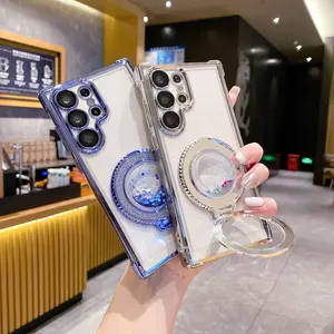 Suitable for Samsung S24Ultra mobile phone case airbag anti-fall quicksand magnetic bracket S23FE transparent hard shell S22 new funny phonecase s23ultra case samsungs23 Accessories Smartphone Cellphone Shockproof Cover Handheld Devices Protection