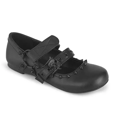 Demonia Daisy-08 Black Vegan Leather Flats, Women's Maryjanes Footwear Fashion, Funky Dark Feminine Embellished Ballet Flats