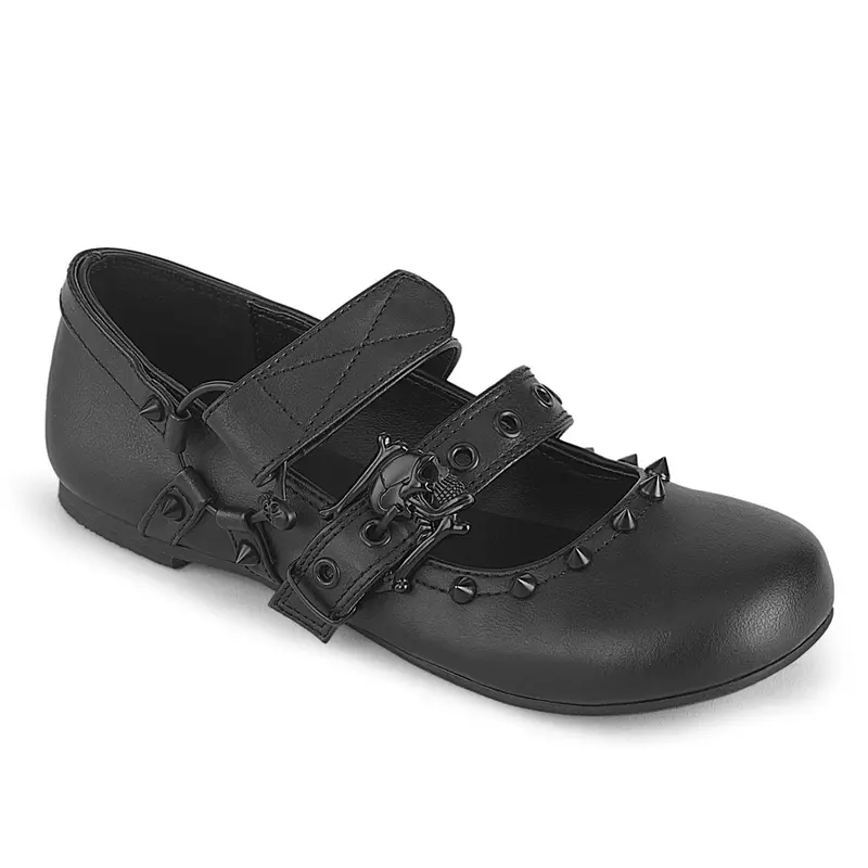 Demonia Daisy-08 Black Vegan Leather Flats, Women's Maryjanes Footwear Fashion, Funky Dark Feminine Embellished Ballet Flats