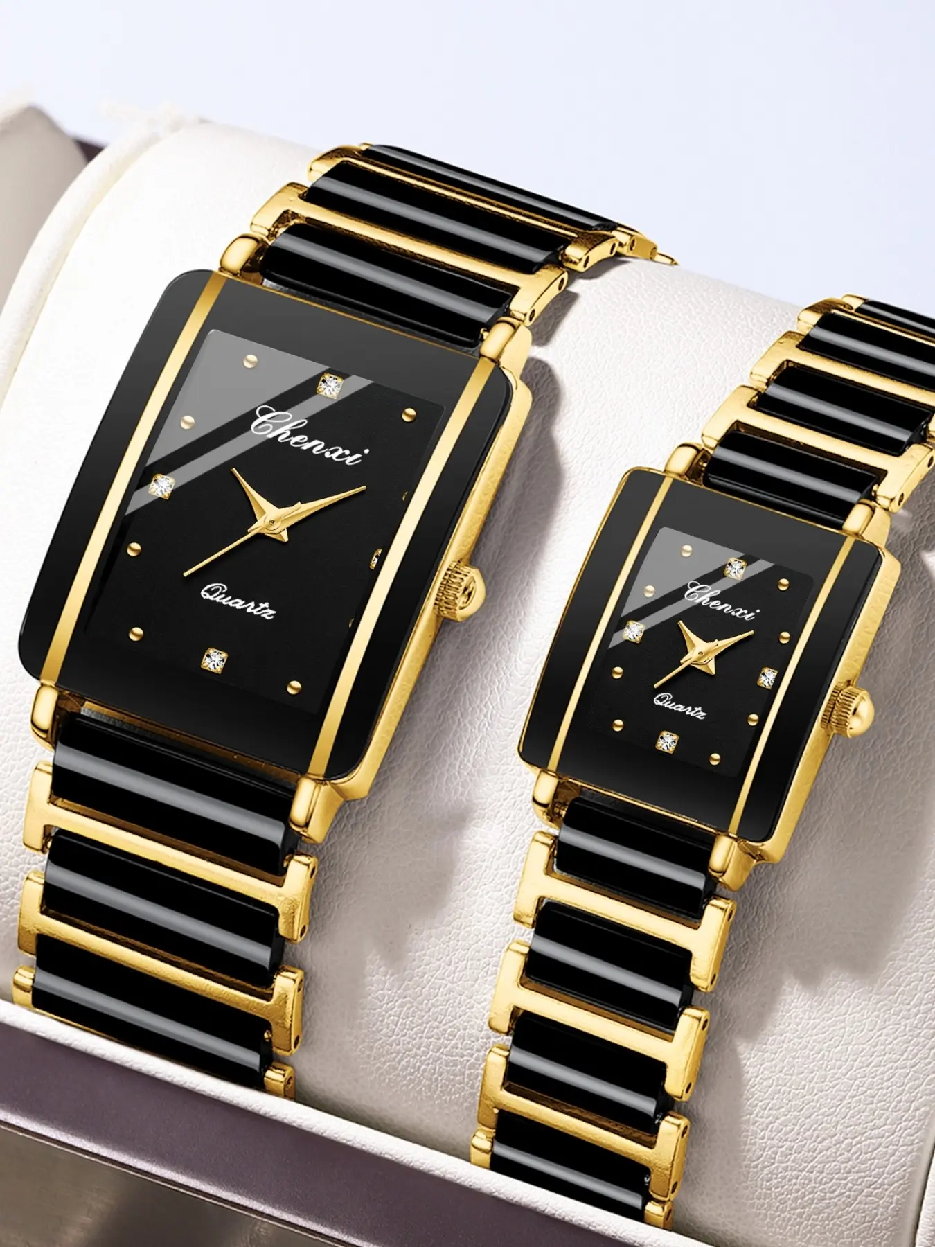 Luxury Couple Quartz Watches Set, Quartz Analog Timepiece, Waterproof Watch, Gold Face, Ceramic Strap, Square Analog Dial, Business Casual Style, Valentine's Day Gift, Fashionable Wristwatch