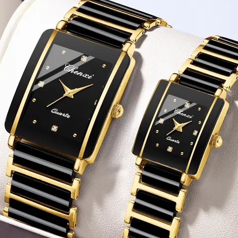 Luxury Couple Quartz Watches Set, Quartz Analog Timepiece, Waterproof Watch, Gold Face, Ceramic Strap, Square Analog Dial, Business Casual Style, Valentine's Day Gift, Fashionable Wristwatch, Analog Wristwatches