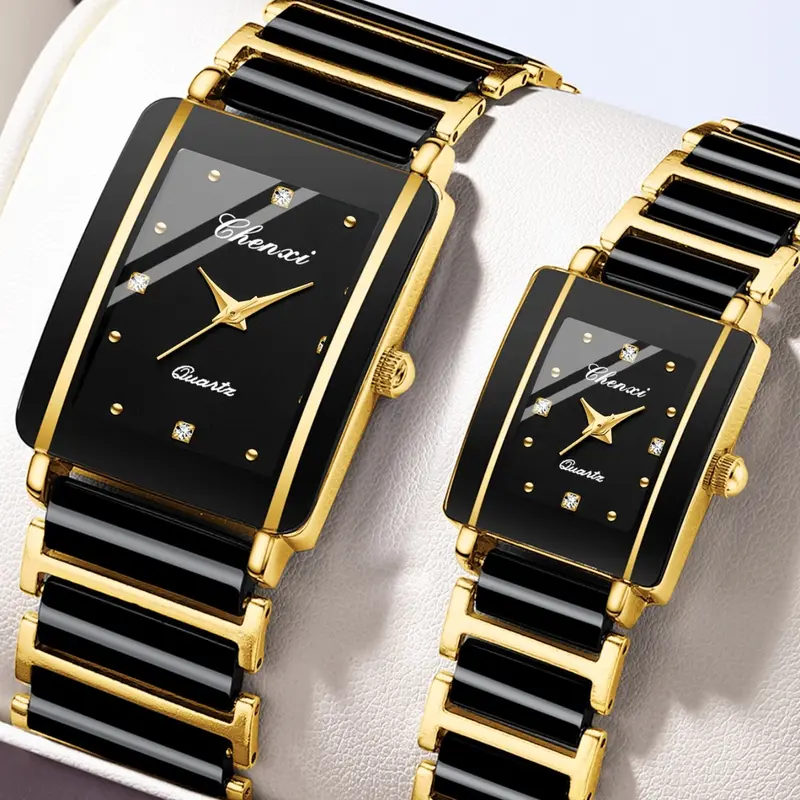 Luxury Couple Quartz Watches Set, Quartz Analog Timepiece, Waterproof Watch, Gold Face, Ceramic Strap, Square Analog Dial, Business Casual Style, Valentine's Day Gift, Fashionable Wristwatch, Analog Wristwatches