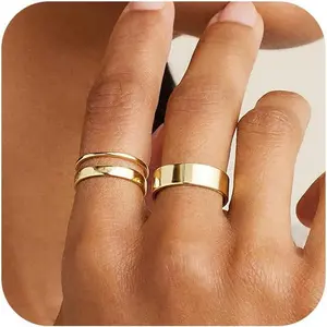 Non-tarnishing gold rings for women; stackable silver wedding bands for men; stainless steel chunky knuckle pinky ring set—jewelry gift, sizes 5–13