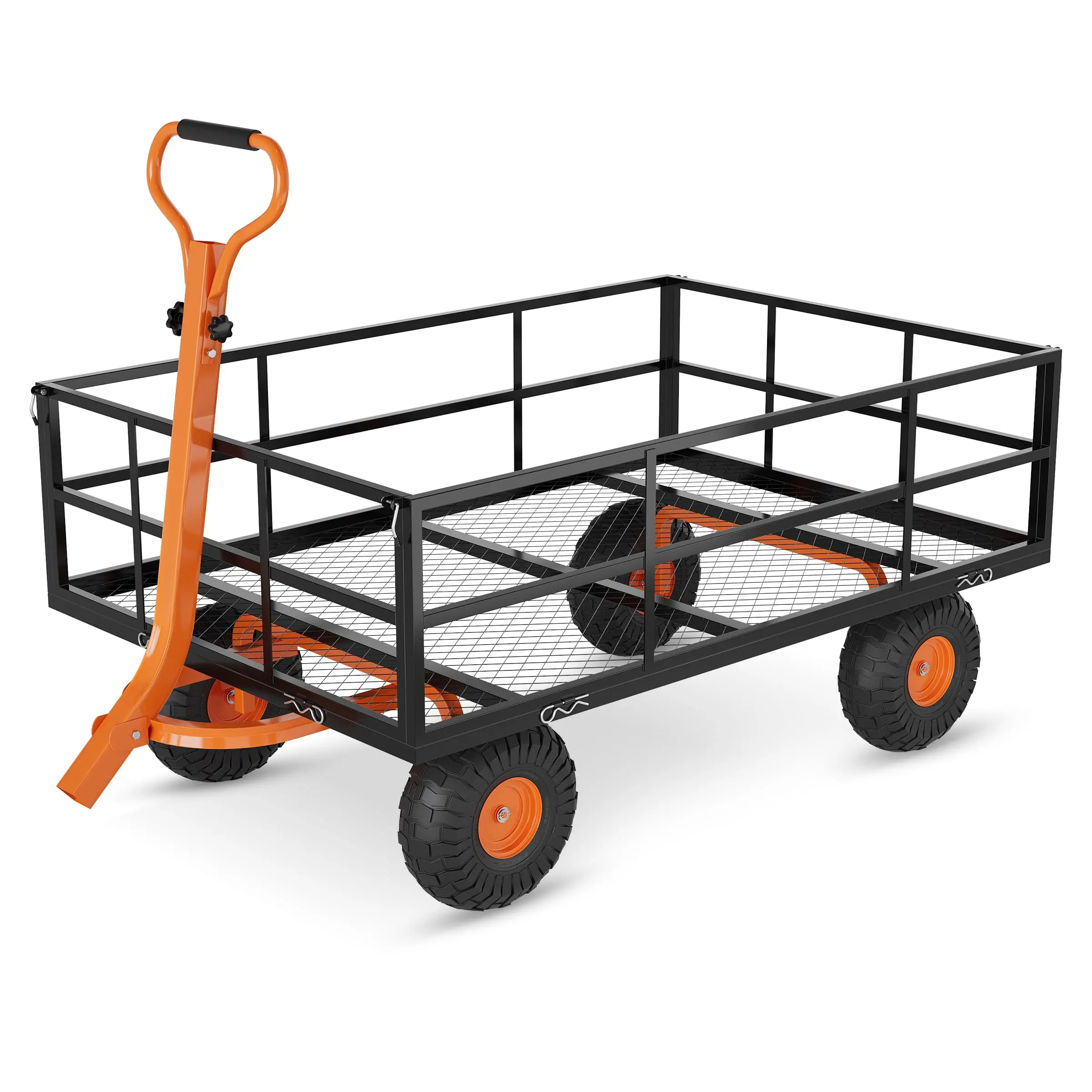 Garvee 1200 LB Garden Cart on Wheels, Heavy Duty Steel Garden Wagon with Removable Mesh Sides & Adjustable Handles, Yard Cart Utility Wagon for Gardening, Lawn & Patio, Black & Orange