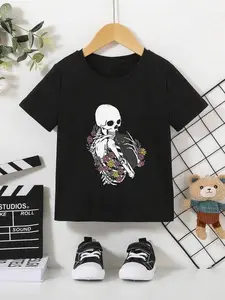 1pc Boys' Gothic Skull & Floral Print T-Shirt - with & Purple Graphic, Short Sleeve Round Neck Casual Top for 3-13 Years Old, Halloween & Casual Attire, All-Season Comfortable Kids Tee for Themed Parties & Everyday Outfits