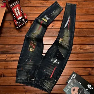 Kyn Apparel Jeans men's autumn  slim-fitting small straight elastic trend American patchwork retro denim nostalgic trousers