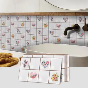 Vintage Flower & Heart Pattern Tile Backsplash, Self-adhesive Removable Tile Backsplash, Waterproof & Oil-resistant Wall Decor for Kitchen & Bathroom