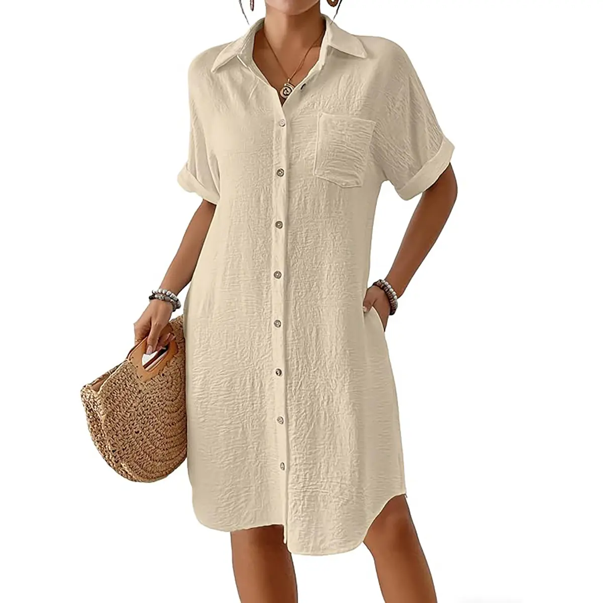 Bsubseach Women's V-Neck Button-Front Long Casual Coverup - Short Sleeve Light Beach Shirt Dress with Pockets, Perfect Coverage for Bikini, Summer Water Park Swimwear Cover-Up