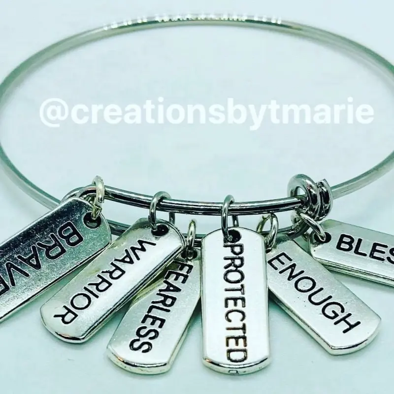 Creationsbytmarie Affirmation Adjustable Bangle - Inspirational Tags for Brave Fearless Warrior Protected Enough Blessed Design