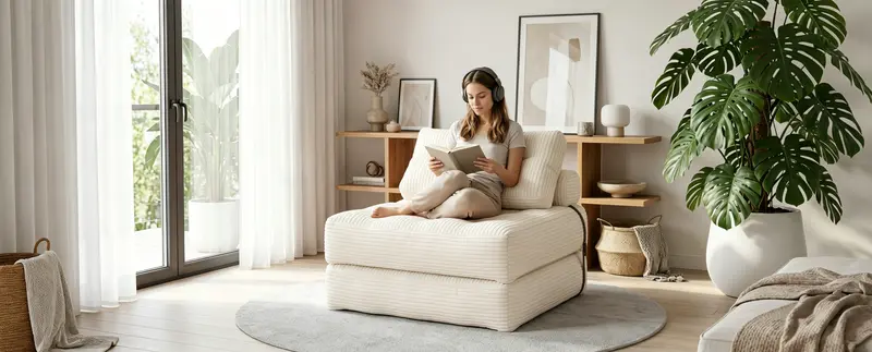 Mr IRONSTONE Convertible Sleeper Sofa Bed - Corded Fabric Couch with Headrest, Back Support, Pillow, Foldable Mattress, Minimalist Seat, 34.7" Solo Bed, 3-Color Room Match, Furniture for Small Spaces, Dorms, Room Decor, Approx. 34x70"