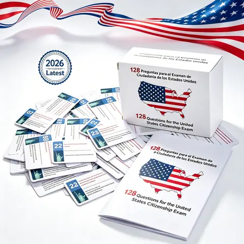 Bilingual Instruction Cards Flashcards - Adults' 2026 US Citizenship Naturalization Test Prep Tool, 128 USCIS Civics Q&A, English-Spanish Language Learning, Easy to Read Oversized Font, Heavy Paper, Dual-Learning System, Durable Storage, Gift Ready