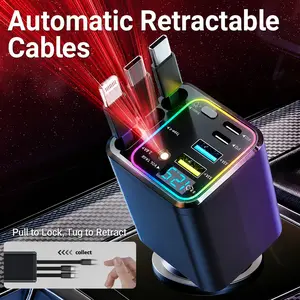 Nuokaiqi 7-in-1 Retractable Car Charger: 120W Max Fast Charging Station with 3 Cables, 4 Ports & 180° Swivel | LED Voltage Display &  | Premium Car Accessories for iPhone & Android | Essential Road Trip Gadget & Organizer