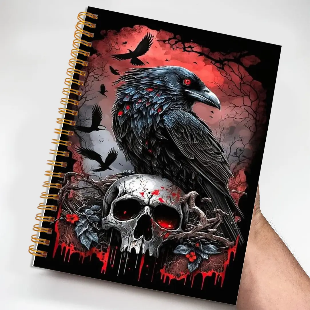 1pc White Skull Crow with Blood Red Background Notebook Drawing Sketchbook, Durable Drawing Notebook, Writing Spiral Coil Notebook Journal Office Stationery School Supplies Birthday Gift Art Sketchbooks 5.5x8.3in with 50 Pages