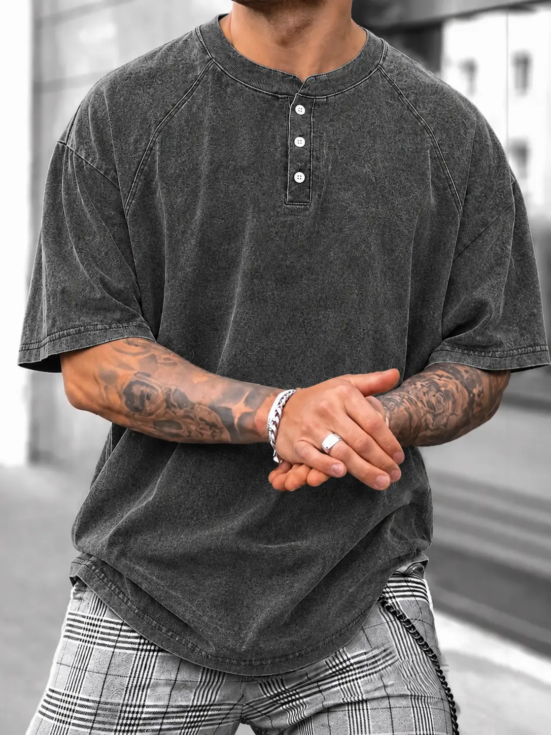 Men's 1/3 Pack Vintage Washed Short Sleeve Henley Shirts, 100% Cotton Loose Fit 3 Button Casual Tees for Streetwear, Travel, & Everyday Basics