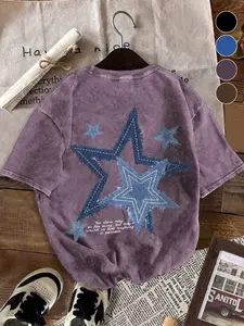 Unisex Casual Vintage Stars Print Short Sleeve T-Shirt, Fashion Streetwear, Soft Cotton Loose-Fitting Design for Weekend Parties, Summer Outings, Everyday Wear