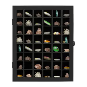 Adjustable Rock Display Case - Wooden Crystal Organizer for Stones Storage - Rock Collection Box with Shelves for Agate Opal Crystal Stone Arrowheads Spear Points Rocks, Large Black