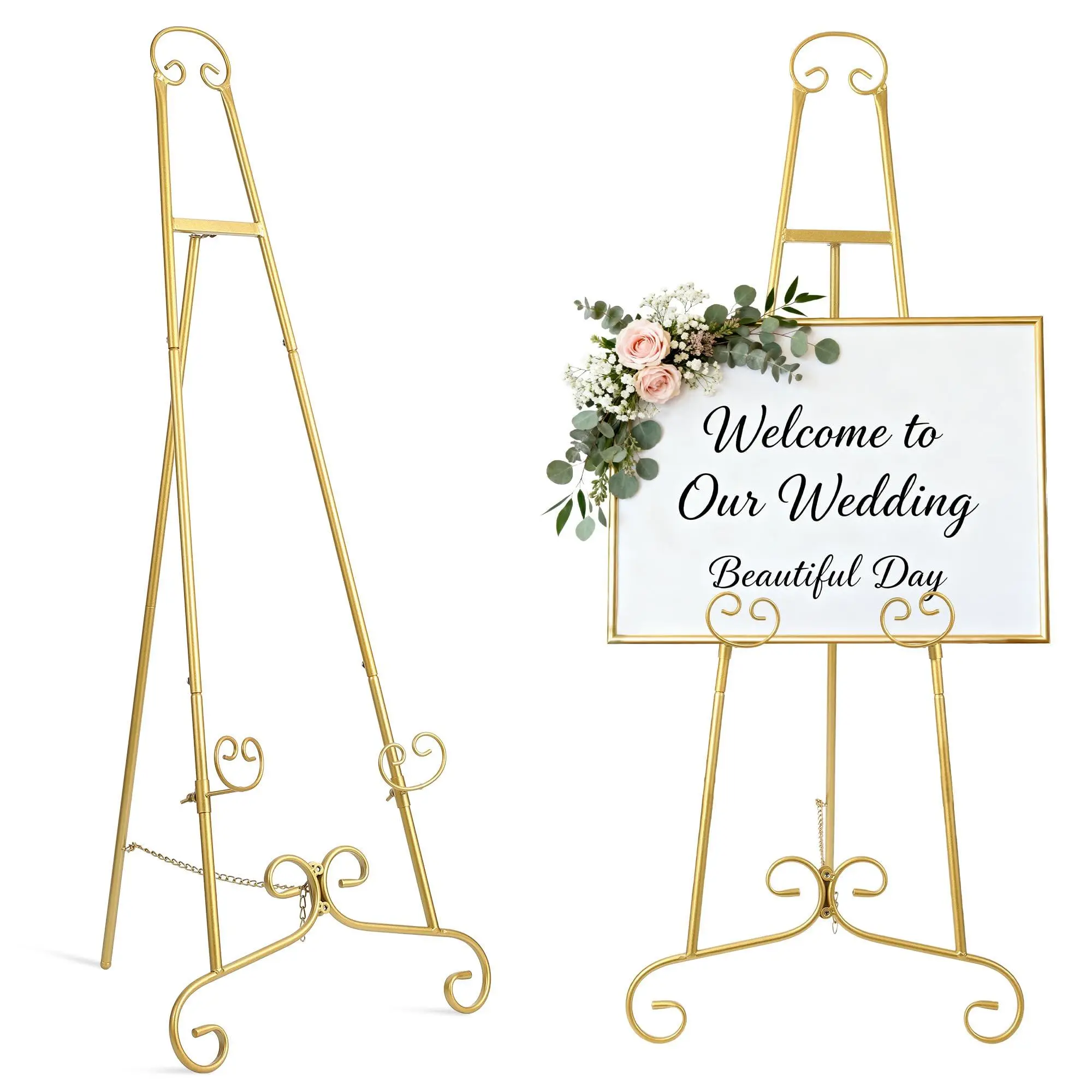 Gold Easel Stand for Sign, Adjustable Wedding Welcome Sign Stand with Chain Support, Heavy Duty Metal Floor Easels for Displaying Pictures Posters