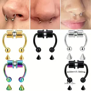 5Counts Stainless Steel Magnetic False Perforated Nose Ring, False Nose Septum Clip