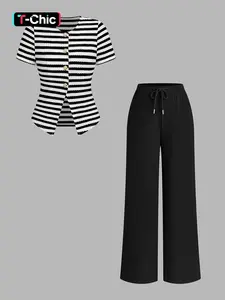 2 Piece Women Crew Neck Striped Single Breasted Waist-Cinched Top & Elastic Waist Wide Leg Pants Set, Casual Versatile Commuter Set