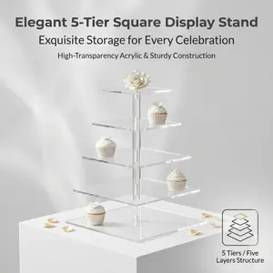 5-Tier Clear Acrylic Square Cake Stand, Tiered Transparent Display Rack, Stable Dessert Holder for Weddings, Parties & Cupcake Service
