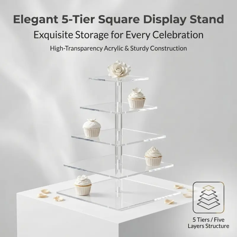 5-Tier Clear Acrylic Square Cake Stand, Tiered Transparent Display Rack, Stable Dessert Holder for Weddings, Parties & Cupcake Service, Cupcake Serving Tower, Party Dessert Stand